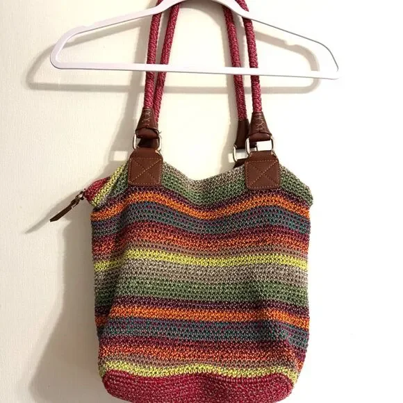 The Sak Cambria Crochet Boho Knit Hobo Tote Bag Purse Rainbow Multicolor Striped - Picture 2 of 7